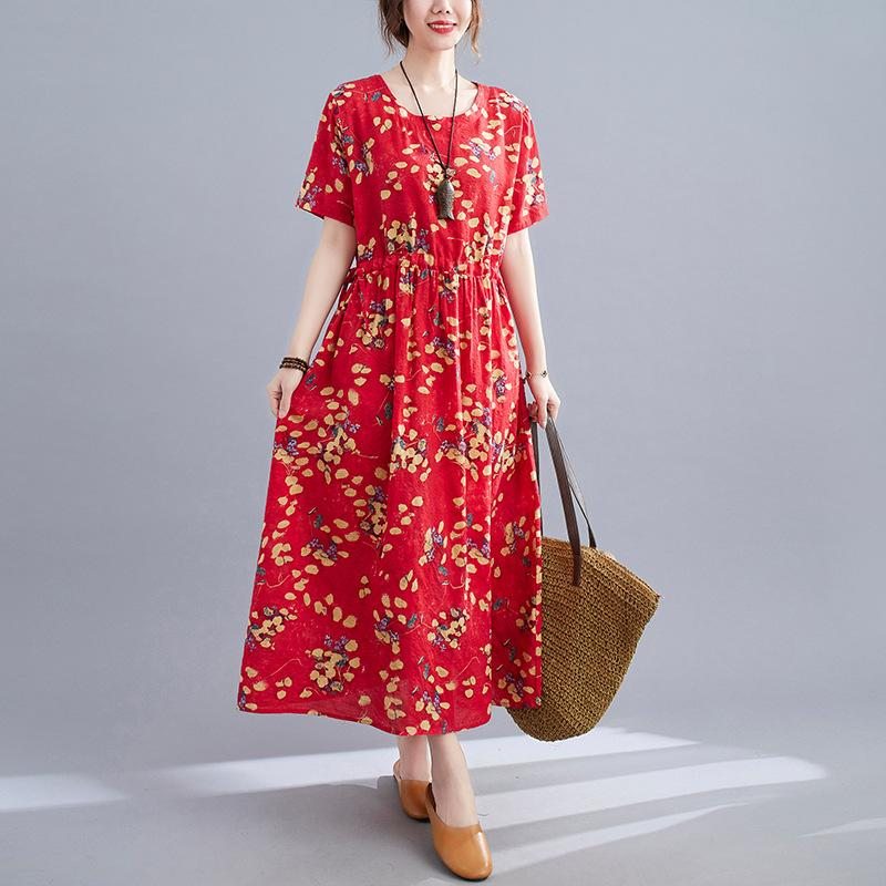 Robe En Lin À Imprimé Floral Rétro D'été