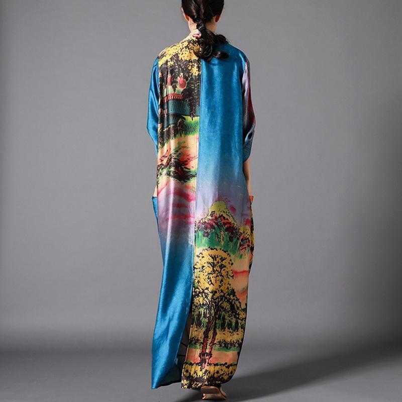 Robe Longue Asymétrique En Soie À Imprimé Artistique