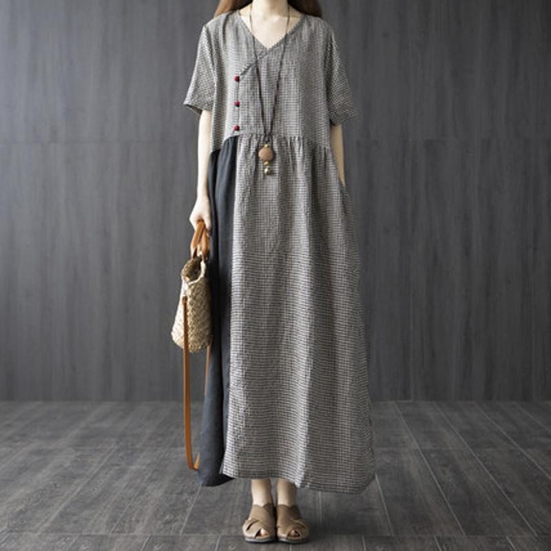 Robe Longue À Carreaux En Coton Et Lin Avec Boucle À Disque Rétro