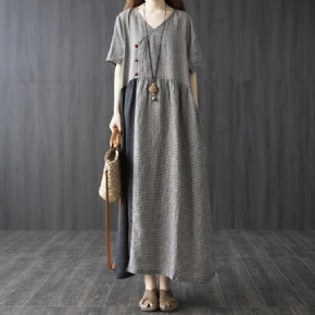 Robe Longue À Carreaux En Coton Et Lin Avec Boucle À Disque Rétro