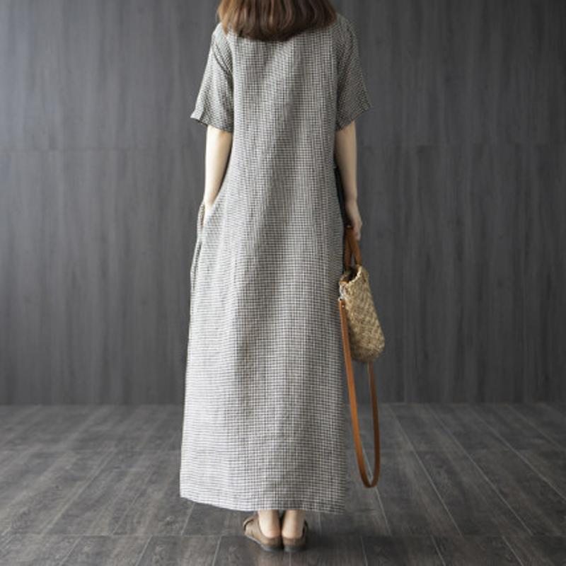 Robe Longue À Carreaux En Coton Et Lin Avec Boucle À Disque Rétro