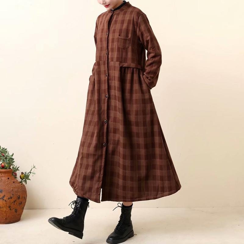 Robe Longue À Carreaux En Coton Et Lin Épais Rétro