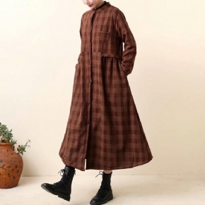 Robe Longue À Carreaux En Coton Et Lin Épais Rétro