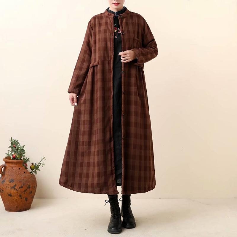 Robe Longue À Carreaux En Coton Et Lin Épais Rétro