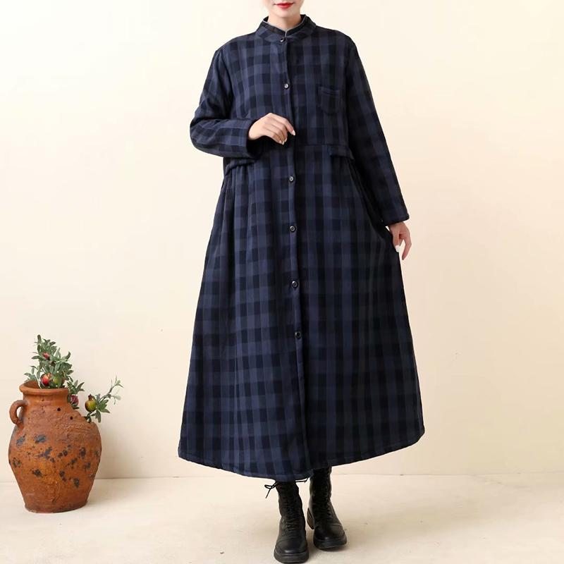 Robe Longue À Carreaux En Coton Et Lin Épais Rétro