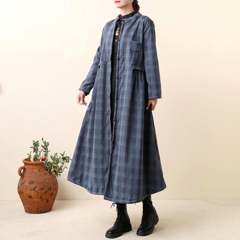 Robe Longue À Carreaux En Coton Et Lin Épais Rétro