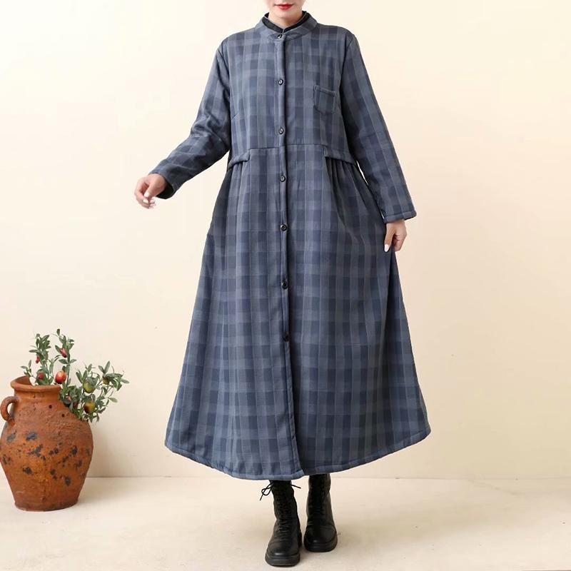 Robe Longue À Carreaux En Coton Et Lin Épais Rétro