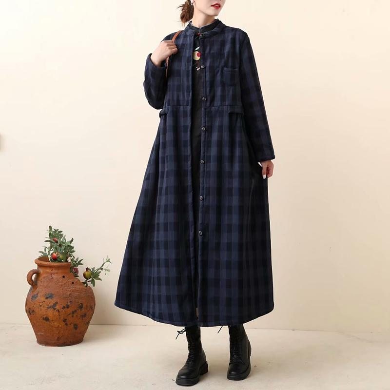 Robe Longue À Carreaux En Coton Et Lin Épais Rétro