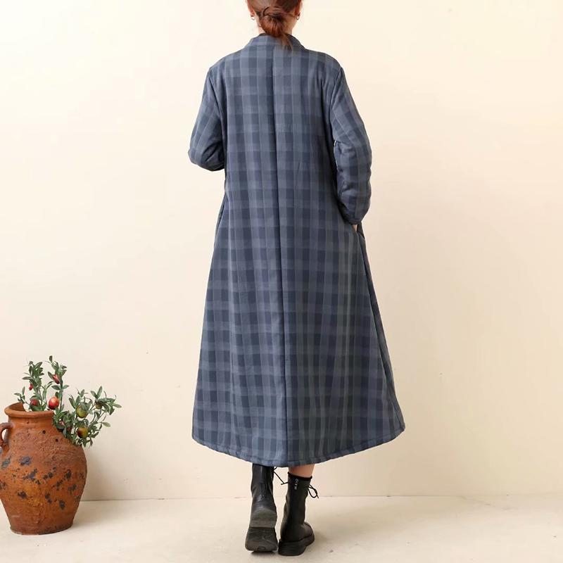 Robe Longue À Carreaux En Coton Et Lin Épais Rétro