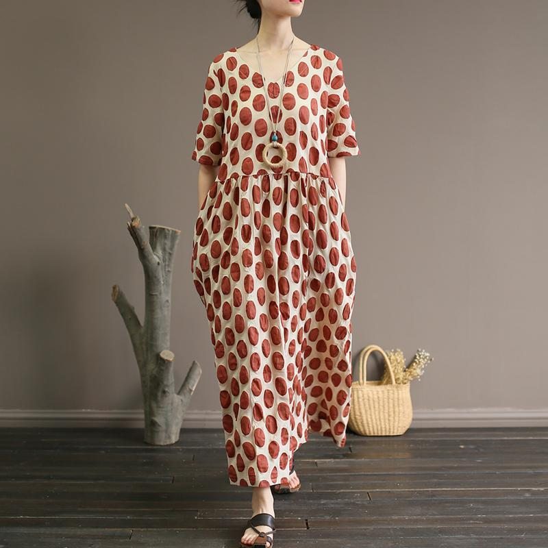 Robe Longue Décontractée En Coton Imprimé À Col En V