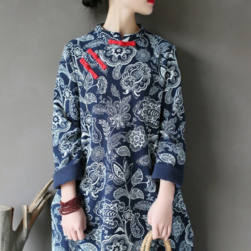 Robe Longue En Lin De Coton Épais Rétro Ethnique Chinois