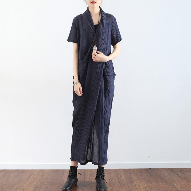 Robe À Manches Courtes À Col En V Et Poches En Lin Pour Femmes