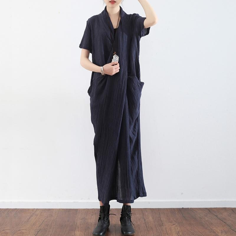 Robe À Manches Courtes À Col En V Et Poches En Lin Pour Femmes