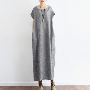 Robe À Manches Courtes En Coton Et Lin Pour Femmes