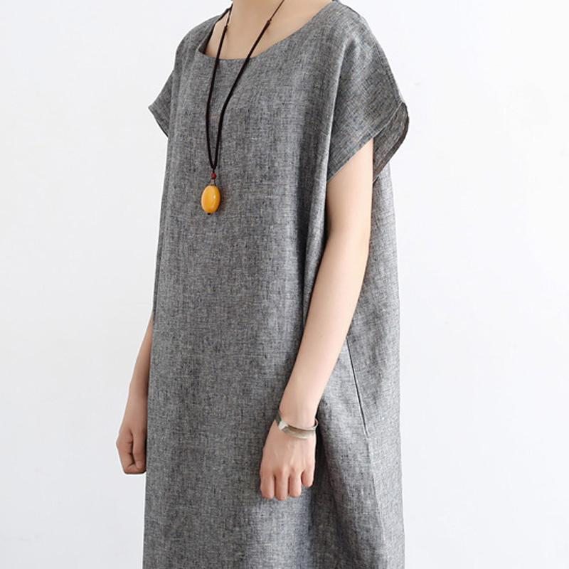 Robe À Manches Courtes En Coton Et Lin Pour Femmes