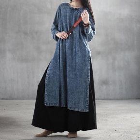 Robe À Manches Longues À Boucle De Grande Taille En Denim De Style Chinois