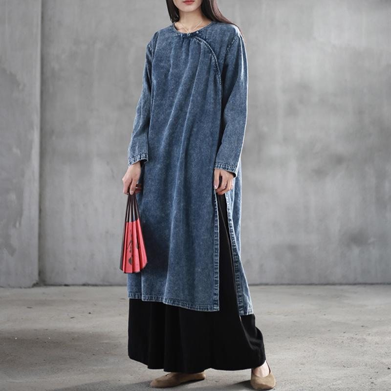 Robe À Manches Longues À Boucle De Grande Taille En Denim De Style Chinois