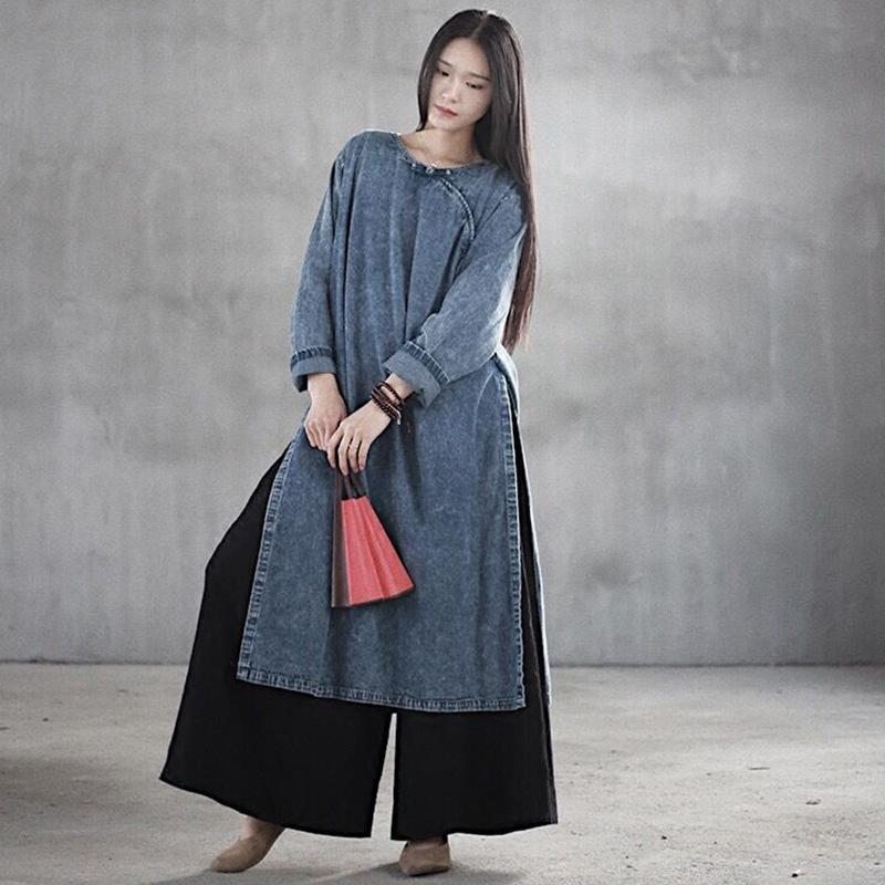 Robe À Manches Longues À Boucle De Grande Taille En Denim De Style Chinois