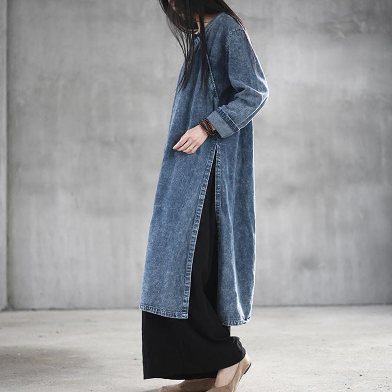 Robe À Manches Longues À Boucle De Grande Taille En Denim De Style Chinois