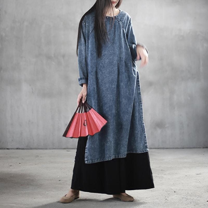 Robe À Manches Longues À Boucle De Grande Taille En Denim De Style Chinois