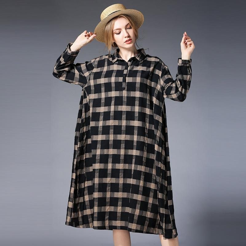 Robe À Manches Longues À Carreaux Pour Femmes De Grande Taille