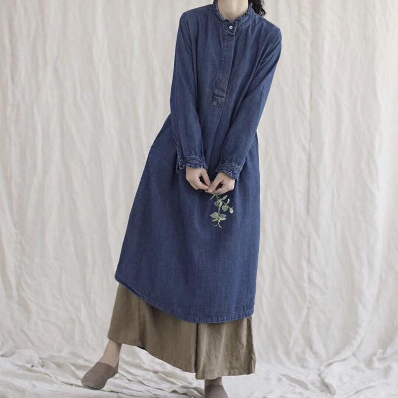 Robe À Manches Longues En Coton Denim