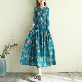 Robe À Manches Longues En Coton Et Lin À Imprimé Floral Rétro