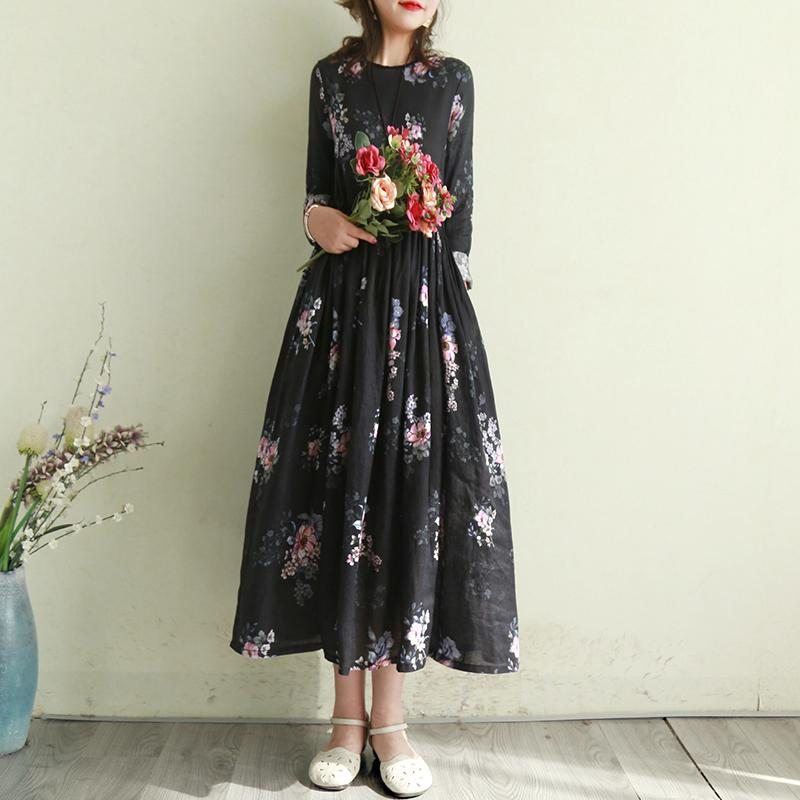 Robe À Manches Longues En Coton Et Lin À Imprimé Floral Rétro