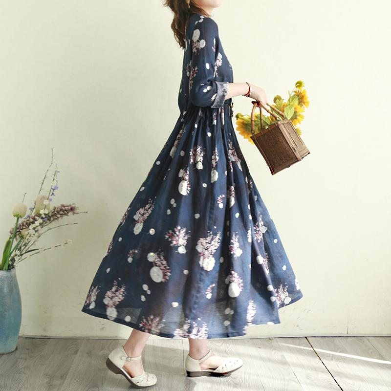 Robe À Manches Longues En Coton Et Lin À Imprimé Floral Rétro