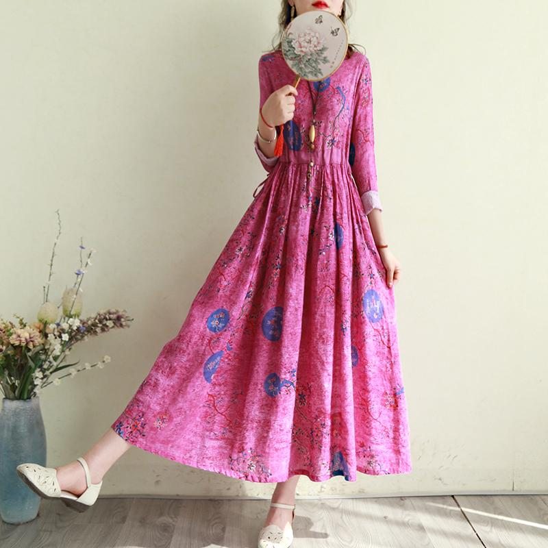 Robe À Manches Longues En Coton Et Lin À Imprimé Floral Rétro