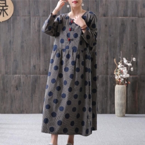 Robe À Manches Longues En Coton Et Lin À Pois Imprimés À Pois