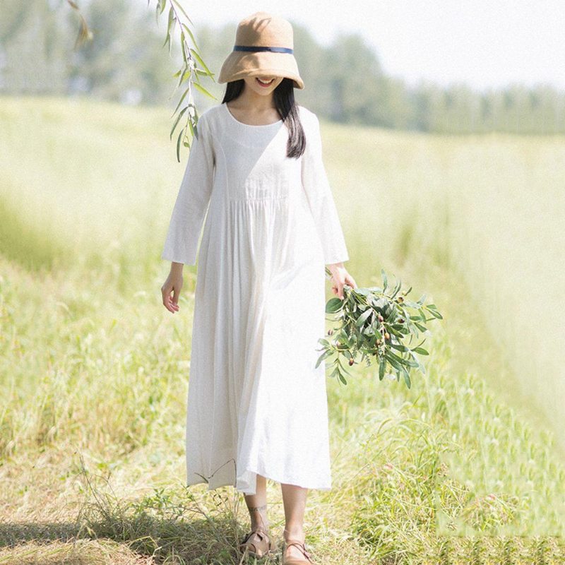 Robe À Manches Longues En Lin Blanc De Style Rural