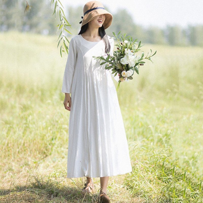 Robe À Manches Longues En Lin Blanc De Style Rural