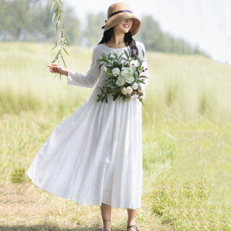 Robe À Manches Longues En Lin Blanc De Style Rural