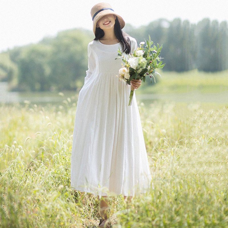 Robe À Manches Longues En Lin Blanc De Style Rural