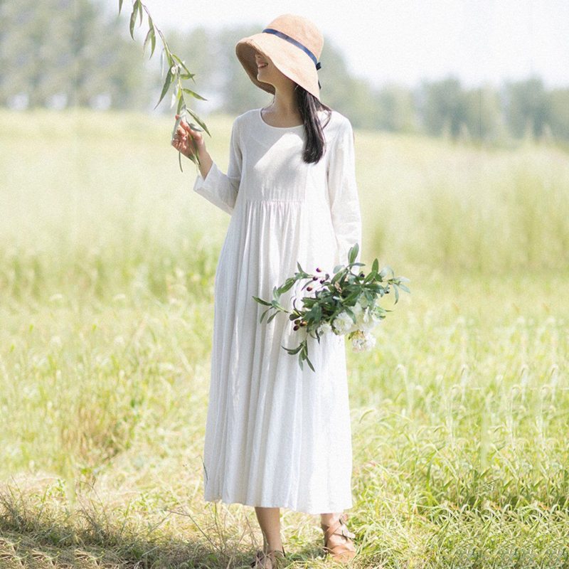 Robe À Manches Longues En Lin Blanc De Style Rural