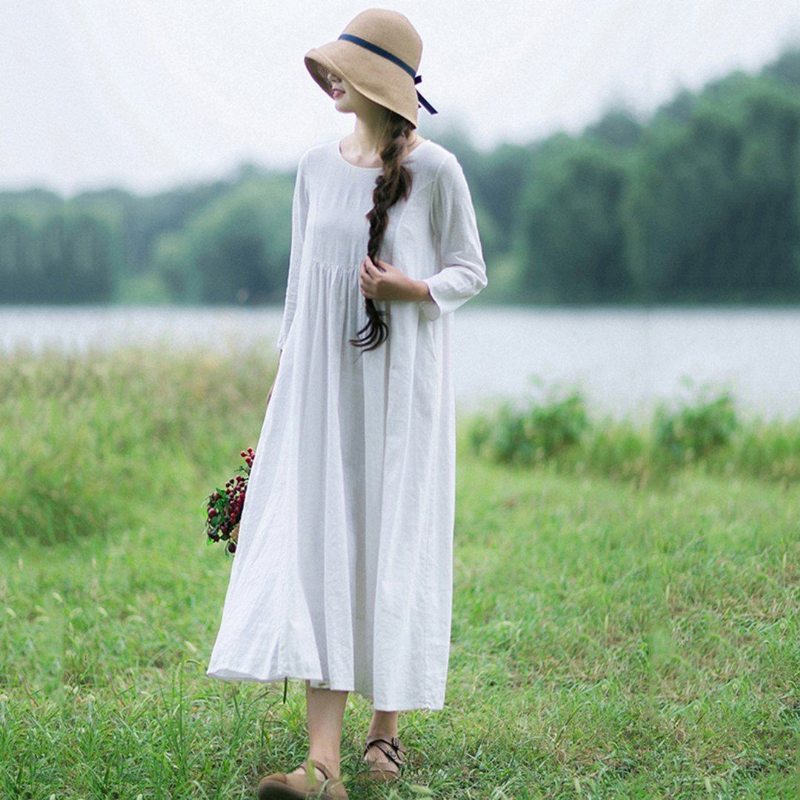 Robe À Manches Longues En Lin Blanc De Style Rural