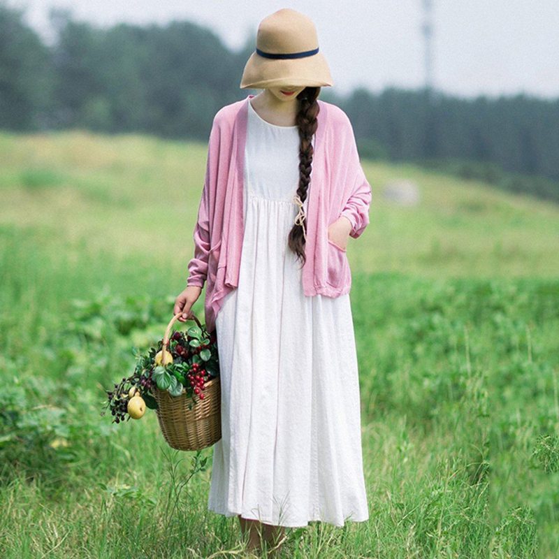 Robe À Manches Longues En Lin Blanc De Style Rural