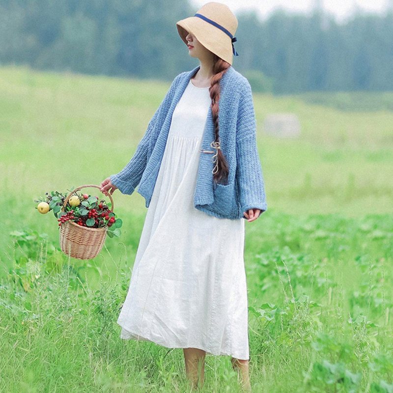 Robe À Manches Longues En Lin Blanc De Style Rural