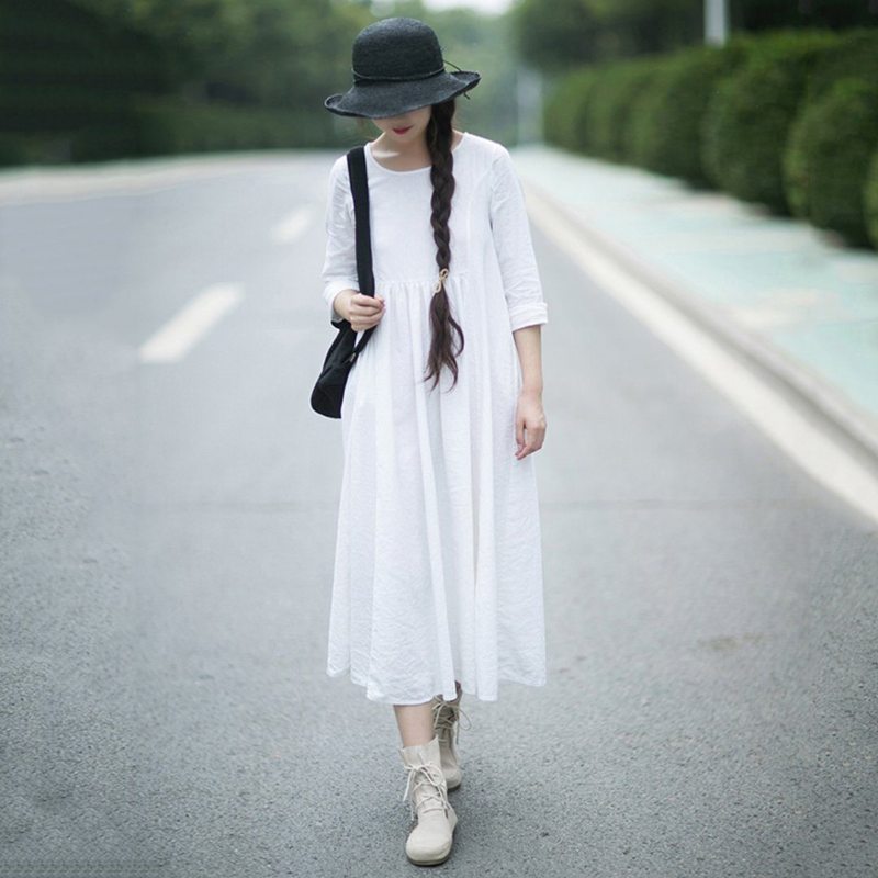 Robe À Manches Longues En Lin Blanc De Style Rural