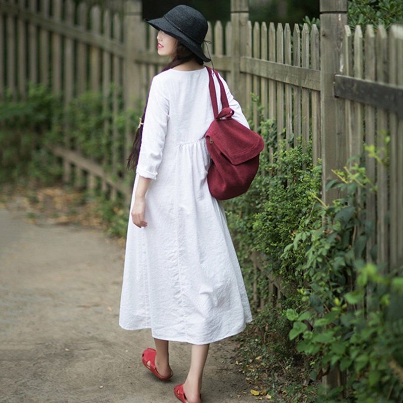 Robe À Manches Longues En Lin Blanc De Style Rural