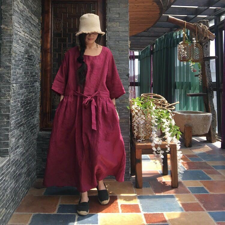 Robe À Manches Longues En Lin Froncé Vintage Avec Ceinture Réglable