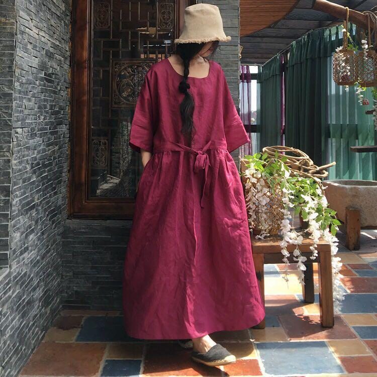 Robe À Manches Longues En Lin Froncé Vintage Avec Ceinture Réglable