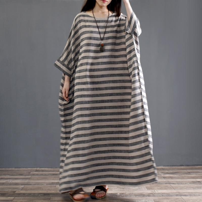 Robe À Manches Longues Rayée En Coton Et Lin Printemps