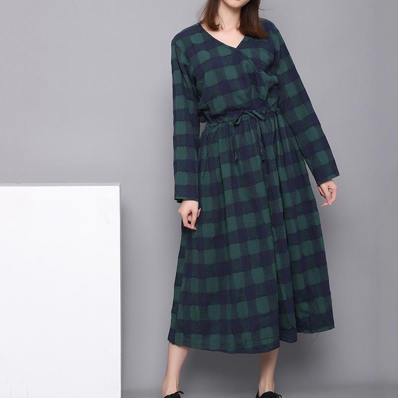 Robe À Manches Longues Rétro À Carreaux En Lin De Printemps