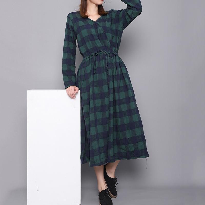 Robe À Manches Longues Rétro À Carreaux En Lin De Printemps