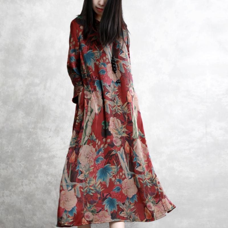 Robe À Manches Longues En Soie À Imprimé Floral Rétro