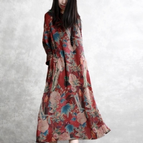 Robe À Manches Longues En Soie À Imprimé Floral Rétro