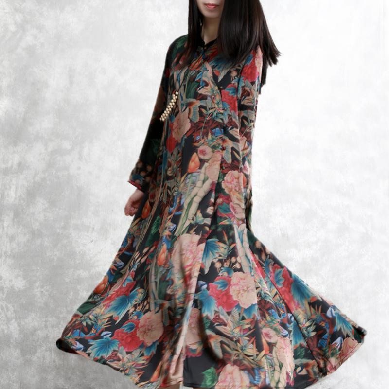 Robe À Manches Longues En Soie À Imprimé Floral Rétro