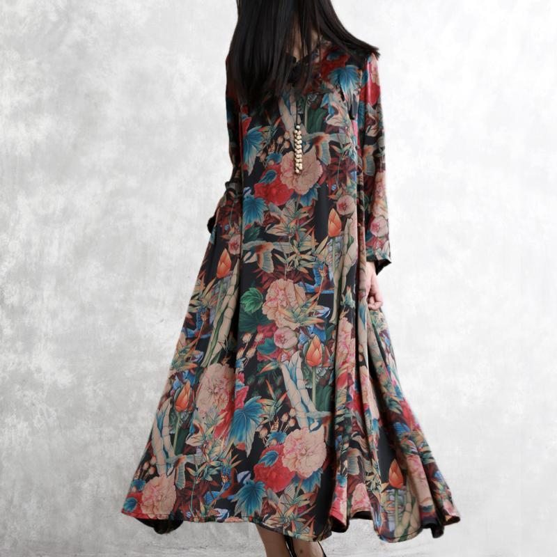 Robe À Manches Longues En Soie À Imprimé Floral Rétro